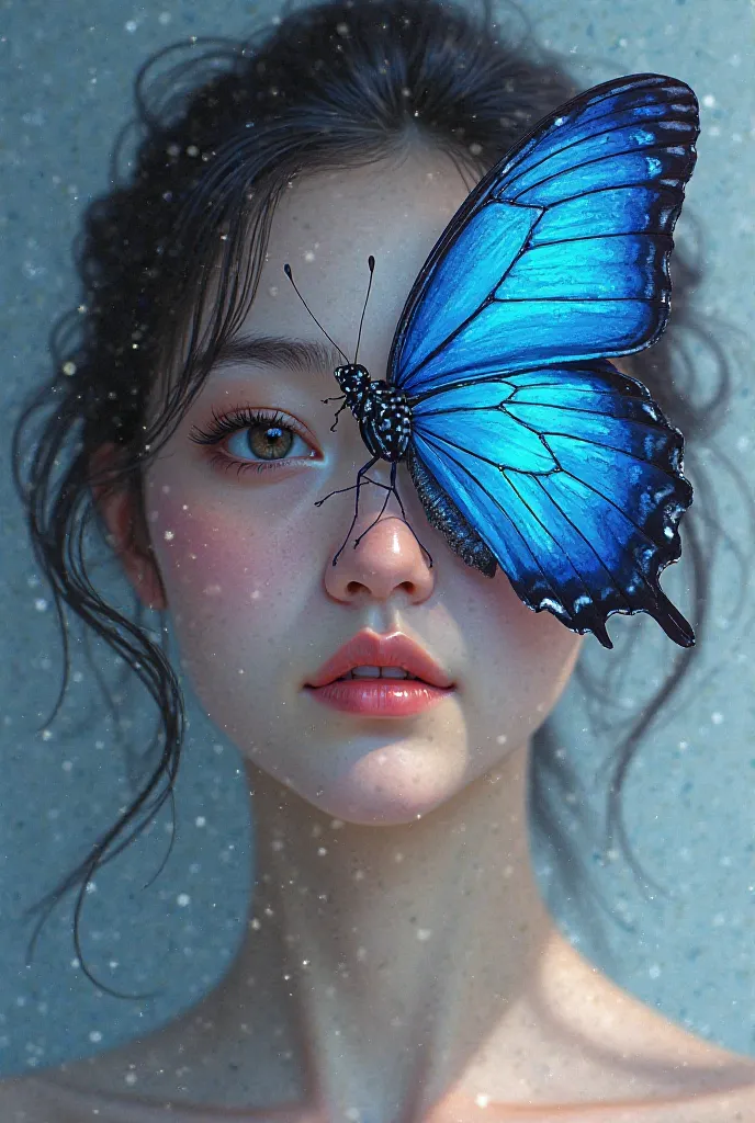 Create an image where you have a person's face and a blue butterfly covering your face 