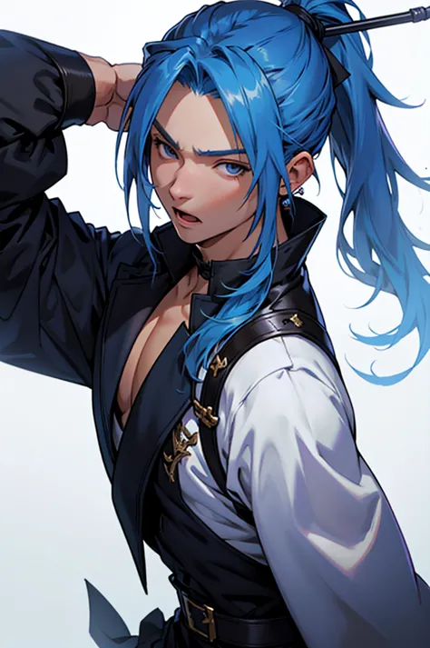 Final Fantasy、8k,  male, handsome、1 person in their 20s、 Blue Straight Hair 、ponytail、 Facing Front、 upper body、close her eyes、 open your mouth、 Magician、Cane、 no background、white background