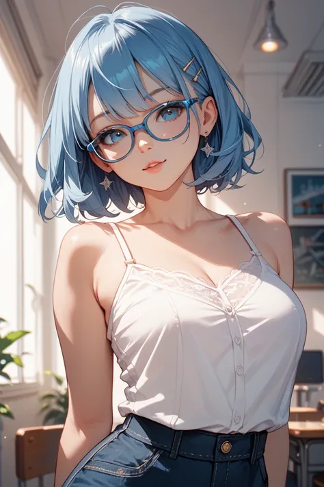 Middle school girl wearing glasses　Her hair is short　Blue Glasses　The top is a white camisole　Underneath are uniform pants