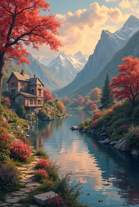 a small village by the river, mountains in the background, floral flowers colorful, detailed landscape, Beautiful natural landscapes, atmospheric lighting, scorching sunset, warm colours, practical, photopractical, Detailed Foliage, complex buildings, cobb...