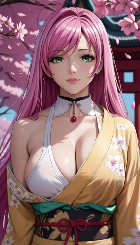 normal moka akashiya, long hair, green eyes, pink hair, ahoge, large breasts, sagging breasts, Tight waist、Small waist、Glowing Skin、Angelic suit、eight-headed body、Beauty、ruanyi0712,floral print,yellow kimono,obijime,wide sleeves exposed shoulders, traditio...