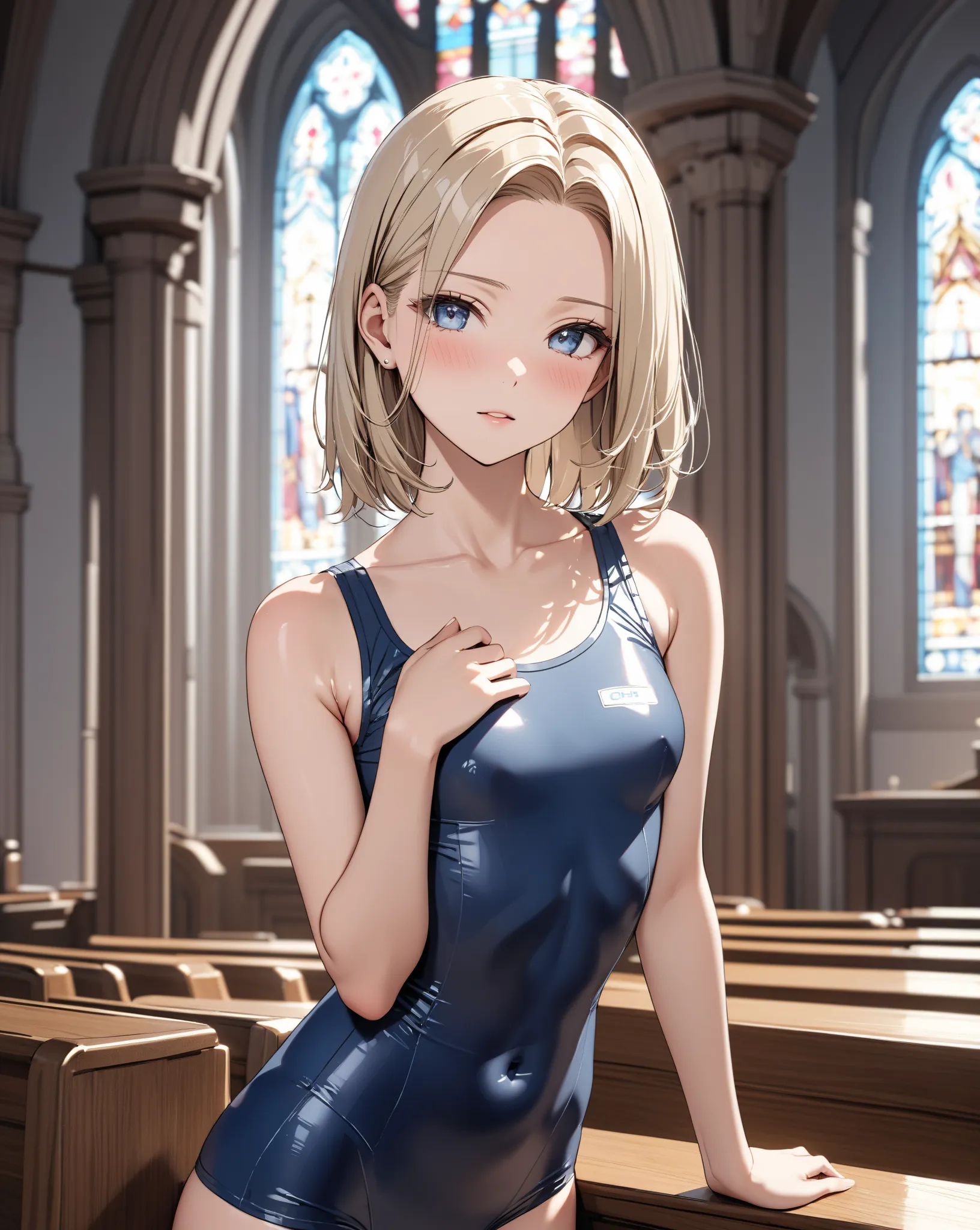 seaside church, school swimsuit, Married Woman, Age 25, blush, flat chest, (Android 18), masterpiece, highest quality, UHD, retina, masterpiece, accurate anatomy, super detailed, high quality, best quality, 8k