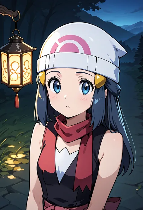 zz dawn ,  Lantern,  blue eyes, side lock ,  long hair,  white headwear,