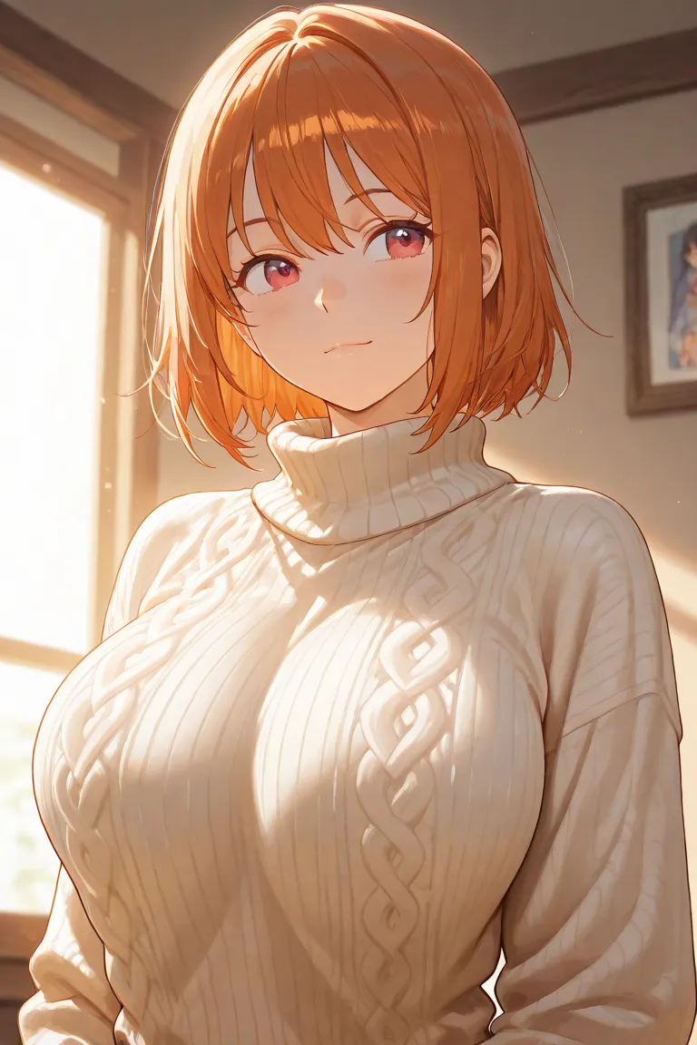 Her character has short hair, wears a sweater and has big breasts.