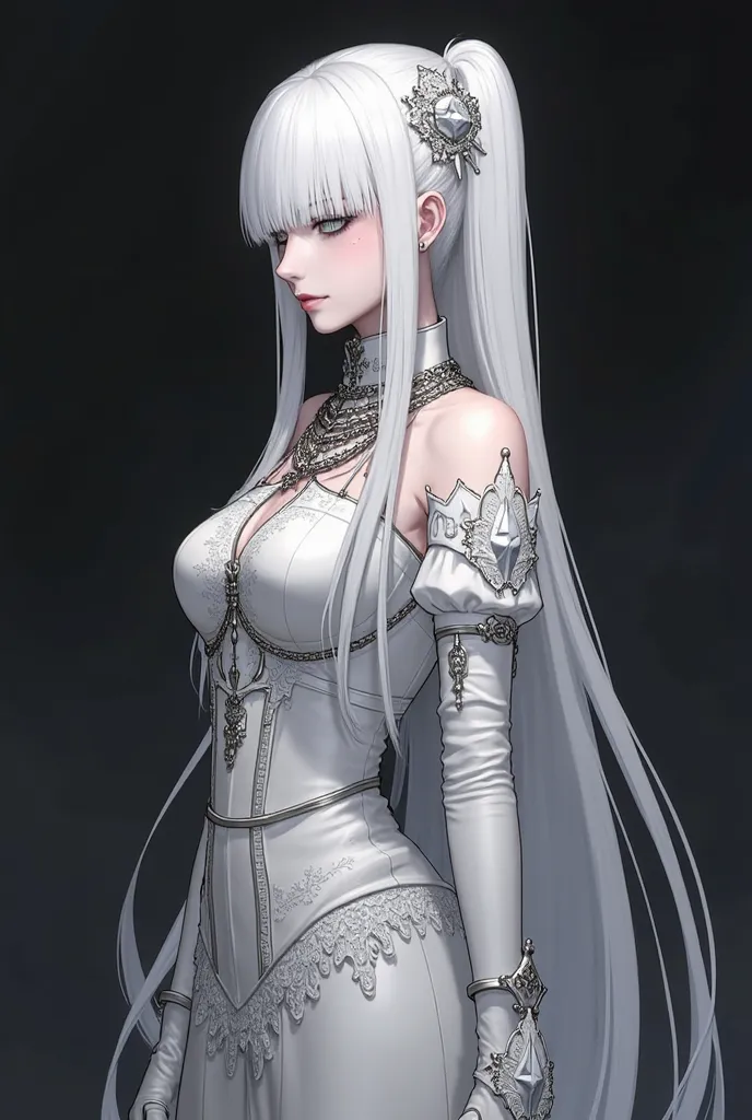 This character has long, straight, white hair that cascades gracefully down her back. adding a regal and enigmatic quality. She wears an all-white, high-collared outfit, which includes lace details and gloves that emphasizing her aristocratic. Her accessor...