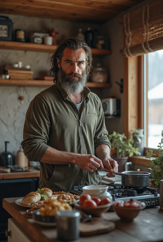 A slender but muscular man with a dirty beard with dark eyebrows with dark eyes with light long hair is preparing breakfast in his tracksuit