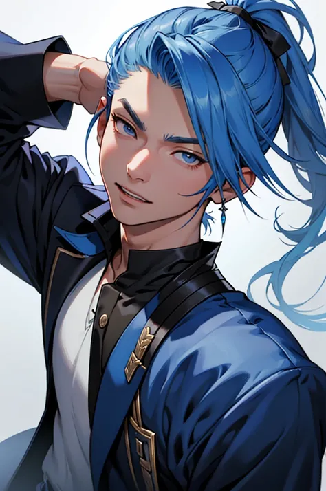 Final Fantasy、8k,  male, handsome、1 person in their 20s、 Blue Straight Hair 、ponytail、 Facing Front、 upper body、close her eyes、 open your mouth、 Magician、Cane、 no background、white background