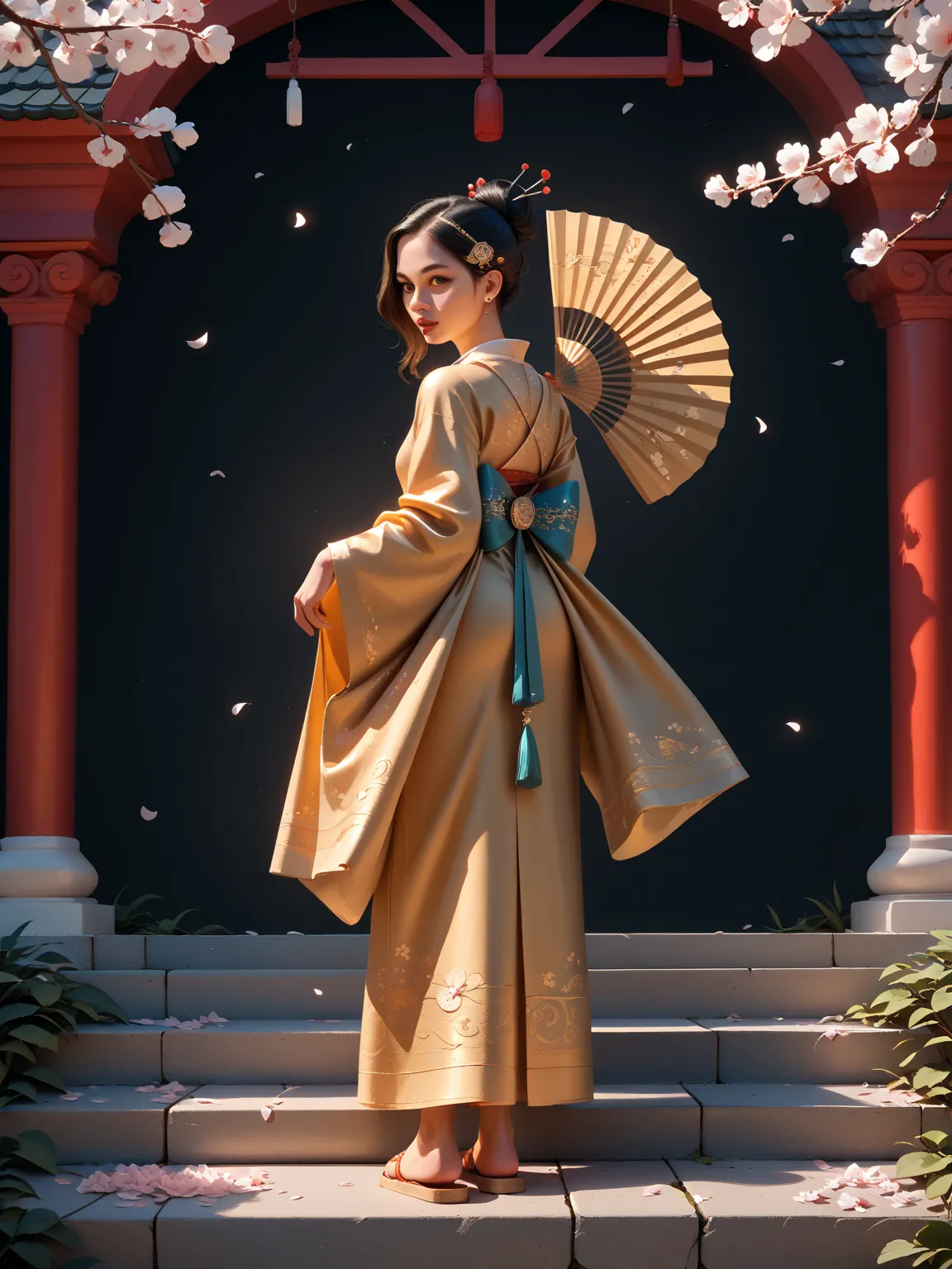 from behind, cowboy shot, looking back,(and rotate counterclockwise、Kimono and hair flutter in the wind）young teenage beauty。
Luxurious Foldable Silk Fan、The finest silk kimono（with gorgeous gold thread embroidery with cherry blossoms and auspicious patter...