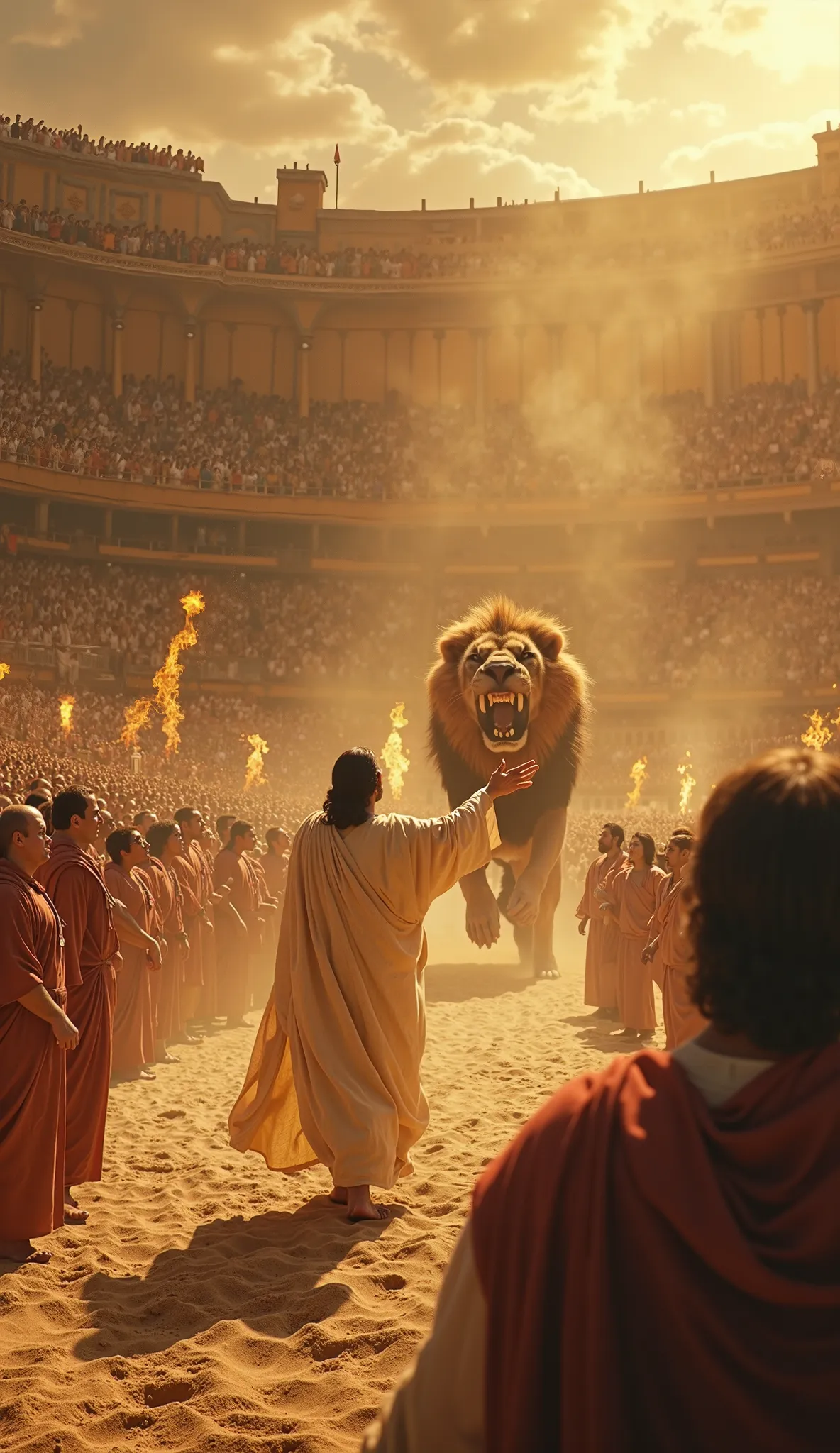 "A grand Roman arena, packed with a roaring crowd under the golden glow of torches. In the center of the sandy battlefield, a massive lion lunges forward, its claws extended and teeth bared. Before the terrified prisoners, Jesus stands tall, His white robe...