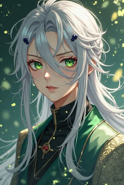 anime oc man with long silver hair, tied hairstyle and green eyes