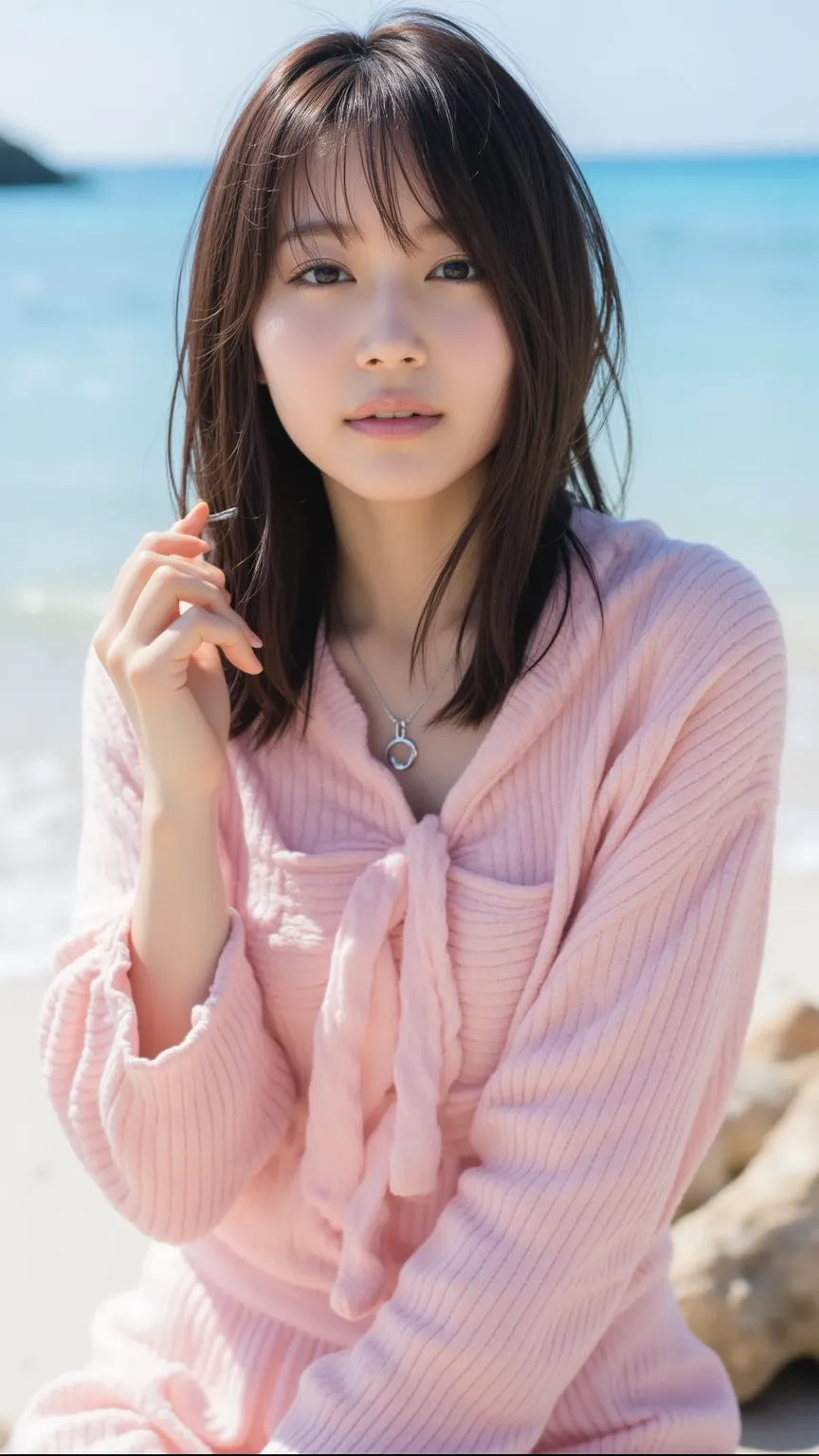 nsfw, best quality ultra high definition,  high-definition skin in summer,  Overwhelmingly Thick Mouth Artistic , take off the blouse ,( japanese girl ,  bikini),( background:1.2),  beautiful beach , (random cute hairstyle:1.3), necklace、 underwear、 I see ...