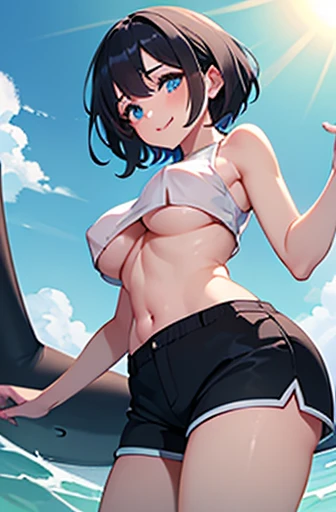 1 girl、cute、smile、 blue eyes、 black hair、(shortcuts)、 white camisole that floats above the sea、black dolphin shorts to play at the beach、beautiful breasts、(underboob)、 nudes、( front view)、watching viewers、( composition seen from below)、digital art、