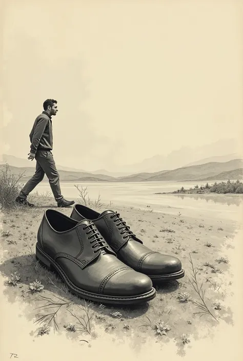 Create a drawn composition of a pair of shoes in a large background with a moving man on the side, inspired by the artist Fairfield Porter