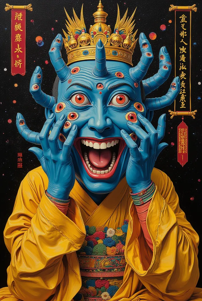 3D art look featuring a painting texture character of many hands in place of the head with lots of eyes, big mouth smile, blue head and body colors, red eyes and golden clothes, on japanese surrealism style, dark background temple with enlighten golden scr...