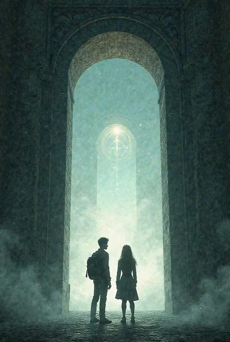 I want a picture of a young man and a young woman standing in front of a large and huge gate. The gate consists of a large, bright and bright book as if it embodies a situation from a novel. Make the situation scary or terrifying as if they will enter the ...