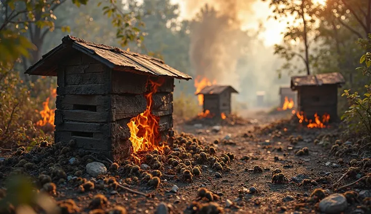 "A rustic apiary in the burning jungle, seen from a slightly distant perspective, leaving room in the frame to add a person in post-production. in the foreground, one hive is burning, } with flames licking the charred wood, while some parts burn intensely,...