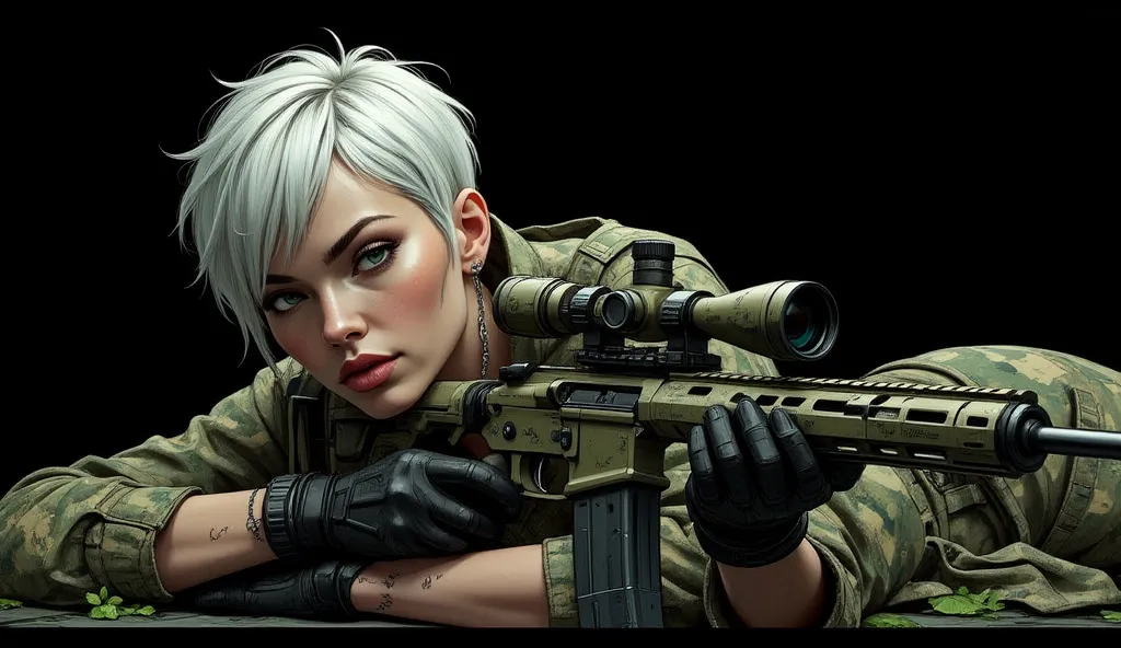 High quality image, full image lying down, 8k, 4k, ray tracing, of a beautiful woman, dystopian futuristic mercenary, wears camo combat suite, sniper camouflage. Perfect and exotic face. White hair, very detailed short and straight, disheveled hair, huge a...