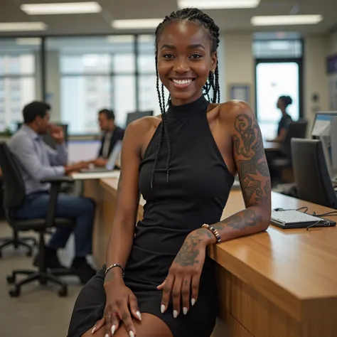 Young skinny African American  woman, 22, flat stomach, toned abs, tattoos on arms from Nigeria with short neck length braided hair. wearing black sleeveless dress and black boots, sitting at a reception desk in busy office, smiling.   Full length picture ...