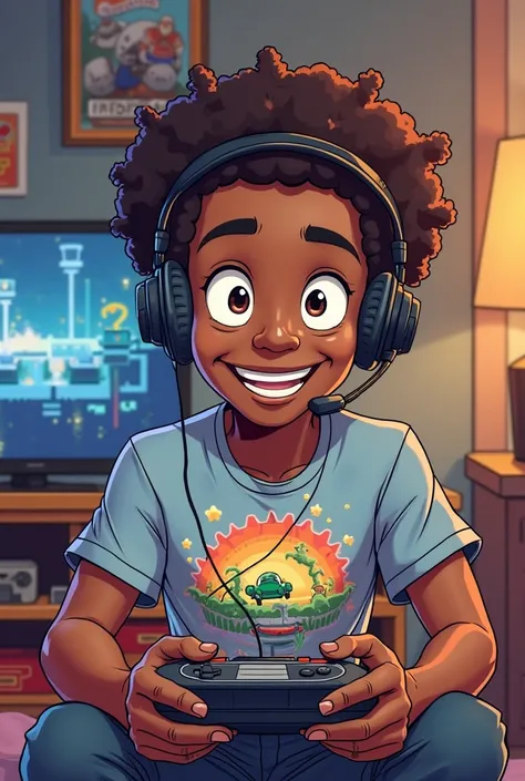 2D cartoon of a brown man with short curly hair wearing a headset, gamer shirt and similar to Bruno Mars playing Super Nintendo 