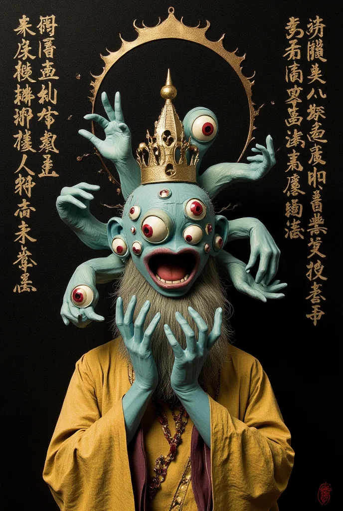 3D art look featuring a painting texture character of many hands in place of the head with lots of eyes, big mouth smile, blue head and body colors, red eyes and golden clothes, on japanese surrealism style, dark background temple with enlighten golden scr...