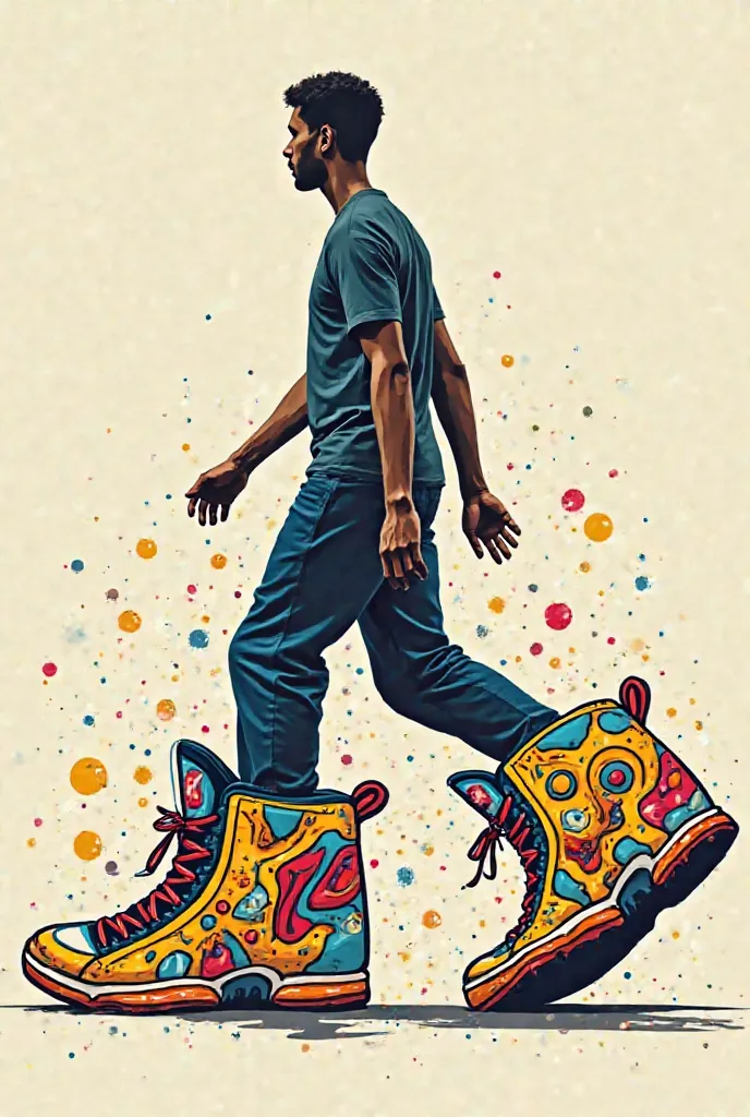 Human walking with large sneakers occupying the background space influenced by Keith Haring