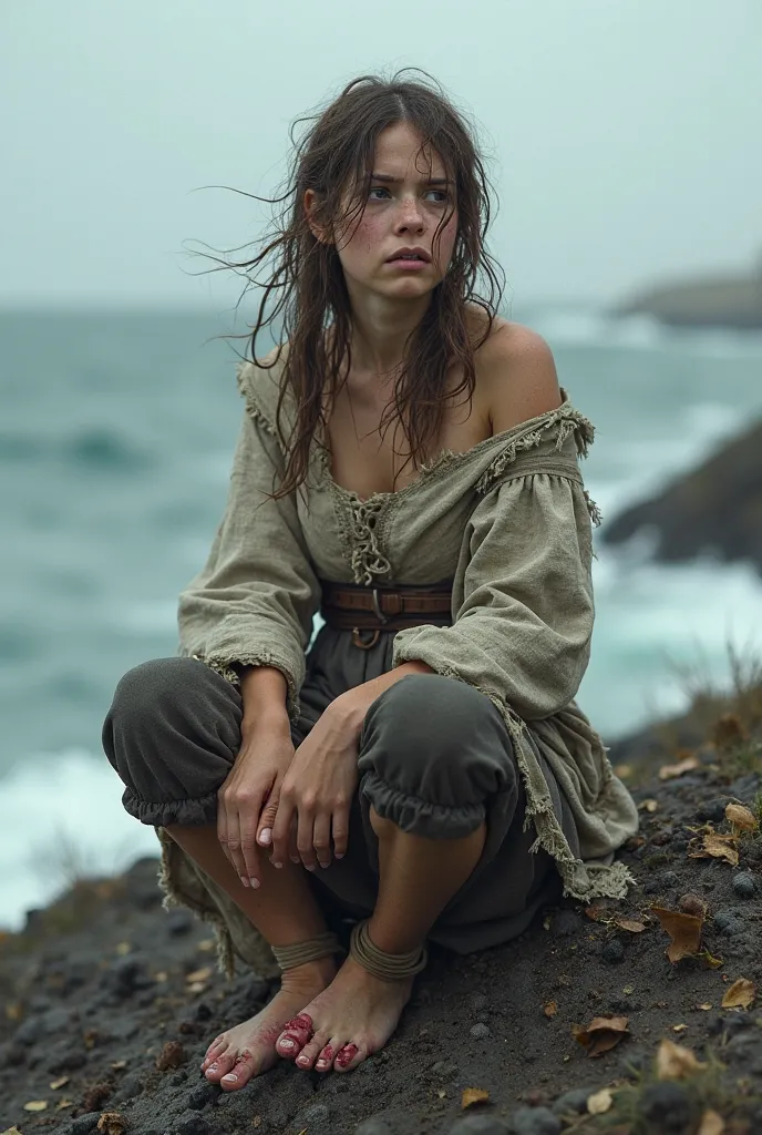  Russian Serf Girl,,Drifted on an uninhabited island,Left side socks missing due to waves,Both feet on the right were torn in half by waves,The left shoulder is exposed because it was torn by the wind