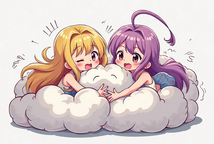 An anime-style illustration depicting many princesses playfully wrestling with each other inside a  comical fight cloud.
each princess has different colored hair.
their faces,hands,and feet are visible emerging from the cloud as they tussle humorously,  wi...