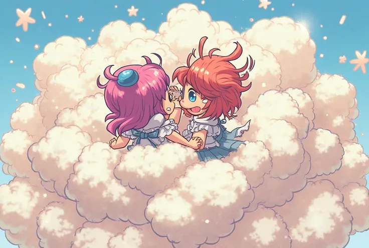 An anime-style illustration depicting many princesses playfully wrestling with each other inside a  comical fight cloud.
each princess has different colored hair.
their faces,hands,and feet are visible emerging from the cloud as they tussle humorously,  wi...