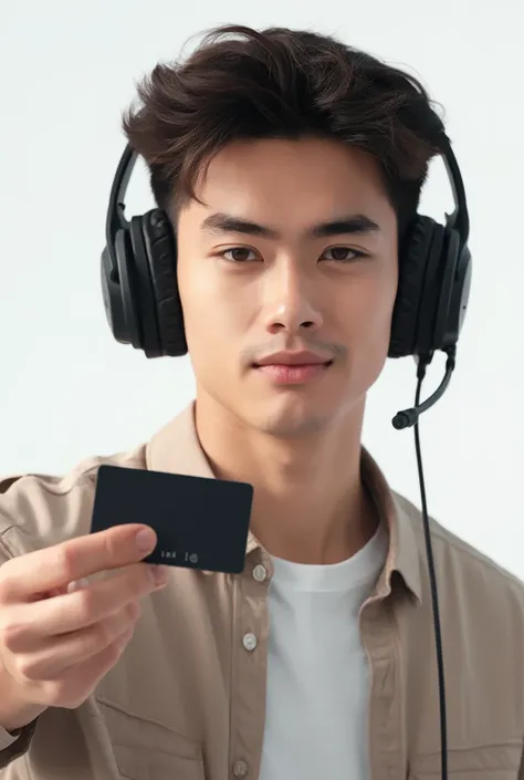 Create a highly realistic image of a 20-year-old male teenager with well-defined facial features and detailed skin, resembling a professional photograph. He is wearing a large, modern gaming-style headset that fully covers his ears. In one hand, he holds a...