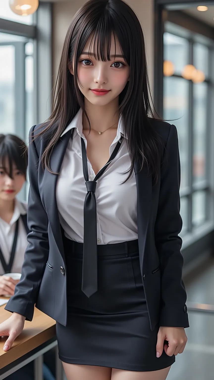 A realistic style situation drawn indoors. A beautiful woman with long black hair appears, wearing a formal suit. She wears a white shirt and a tight pencil skirt, with her jacket slightly open, emphasizing her chest (down blouse). Her large breasts are a ...