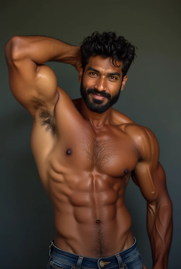 A sri lankan handsome shirtless  guy stretching hand to show his armpit