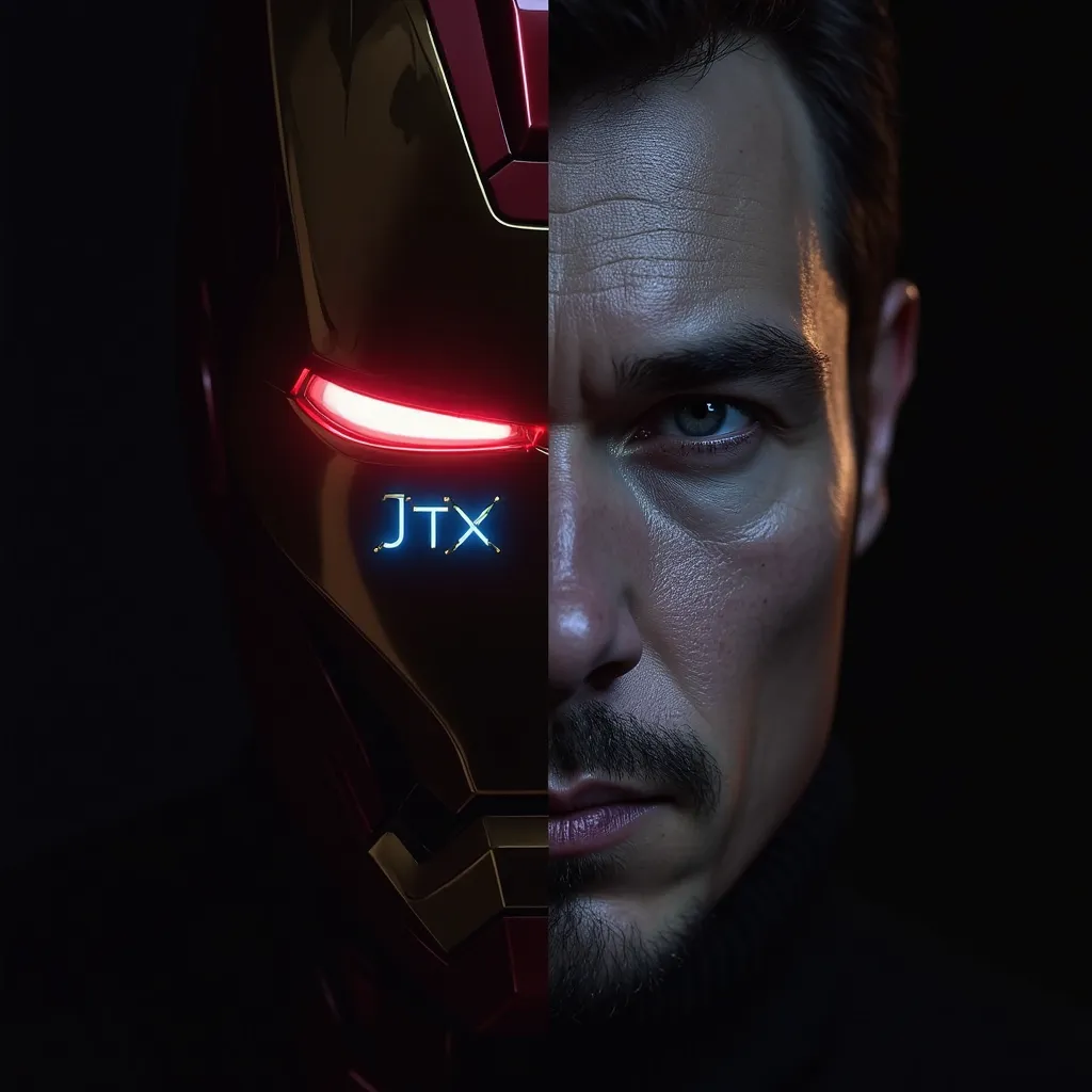 Iron Man's face、half face to the right、Red glowing eyes「The JTX 」and blue glowing letters、high definition, masterpiece, anatomically correct, TOP QUALITY, high detail, Ultra Fine, simple background,  black background、close-up, Focus: 35mm