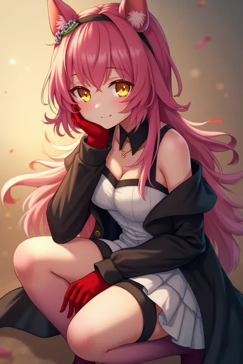 masterpiece, the best quality, amazing quality,  very aesthetic , High resolution,  newest ,  hyper detailed , 1 girl, dusty \( rough waves \), pink hair, bicolor hair, red hands , white dress,  black coat ,  thigh strap, extremely detailed eyes, (ringed e...