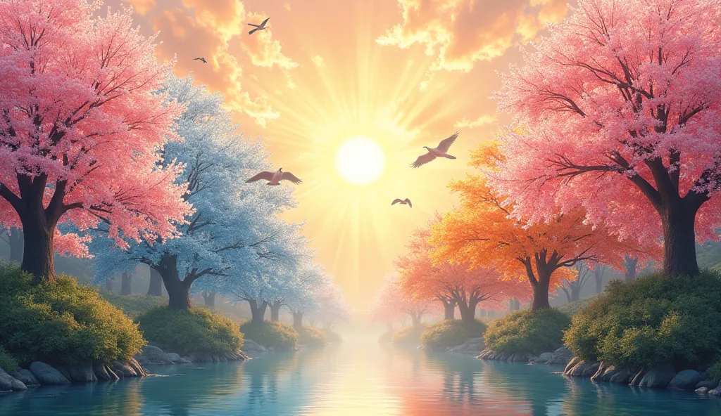 The Four Seasons of Japan、Arranged in the order of spring, summer, fall, and winter、Cherry blossoms in spring、summer morning glories、autumn is maple、Winter is plum、playful、cranes are flying、High Precision、8k、The sparkling sun、realistic texture