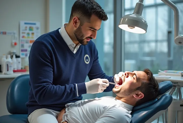  man wearing knitted sweater in the color Navy, The slightly longer sweater, with short and narrow V-neck, with the logo on the left side, with white pants and matching shoes. At her dentist office with a drill bit fixing a client's tooth, well concentrate...