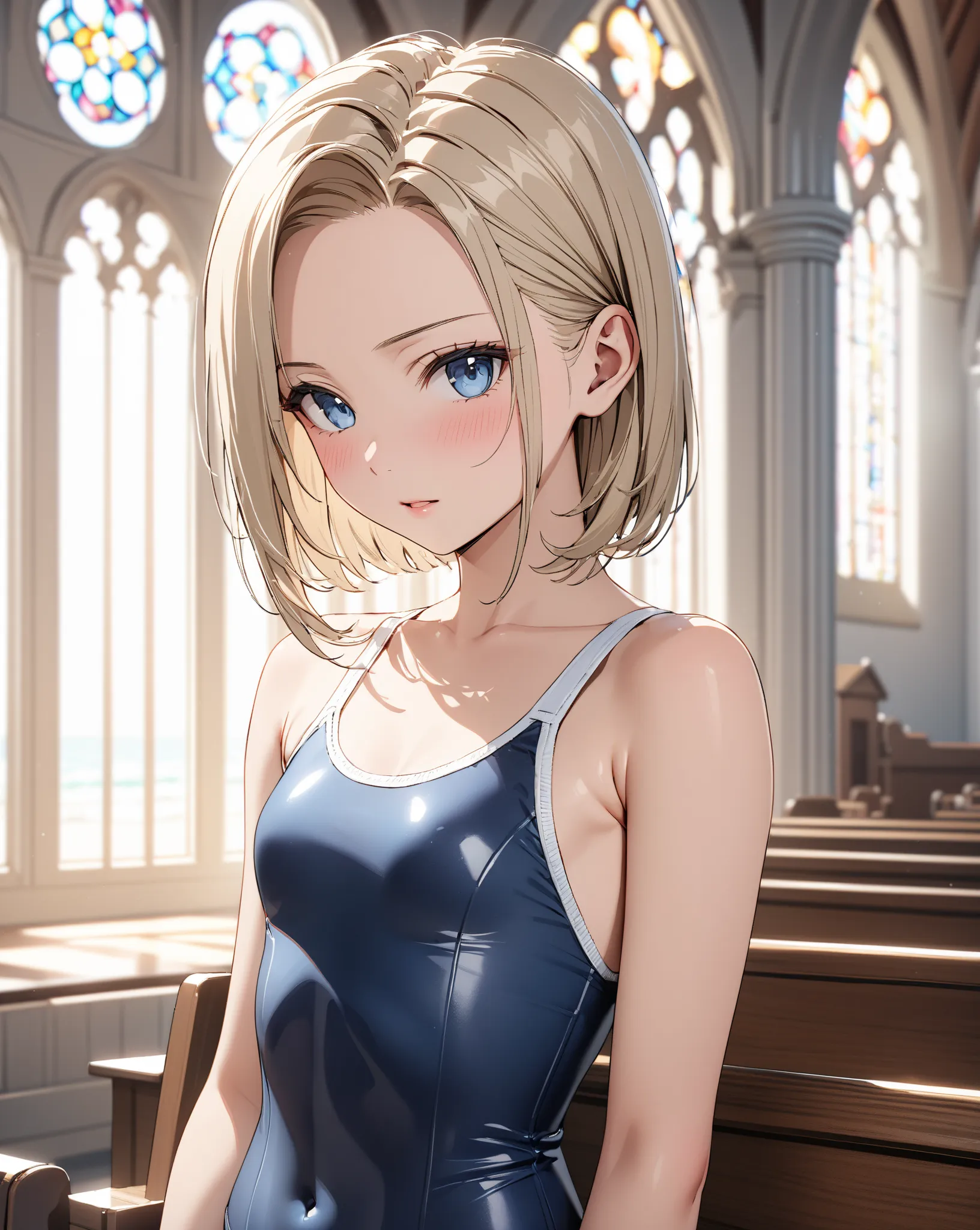 seaside church, school swimsuit, Married Woman, Age 25, blush, flat chest, (Android 18), masterpiece, highest quality, UHD, retina, masterpiece, accurate anatomy, super detailed, high quality, best quality, 8k