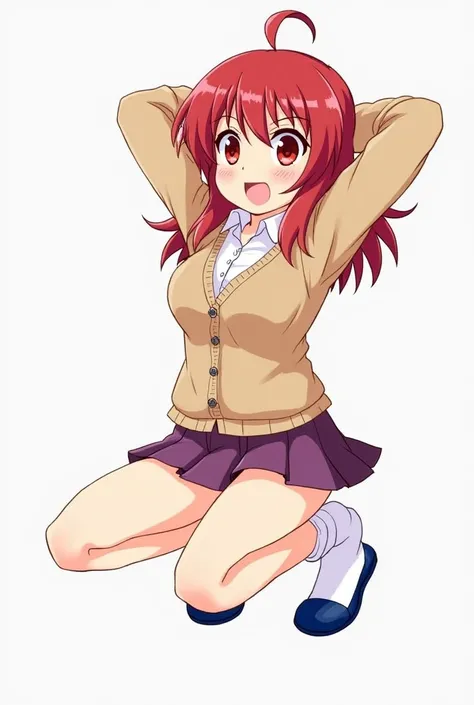 Eris,1 girl,red hair，blush, ，small breasts,wing collar,Open collar,collared shirt,white dress shirt,brown cardigan sweater,buttons,Fluffy long sleeves,Purple pleated miniskirt,white loose socks, blue footwear,slippers, ((Squatting, spread your legs)), whit...