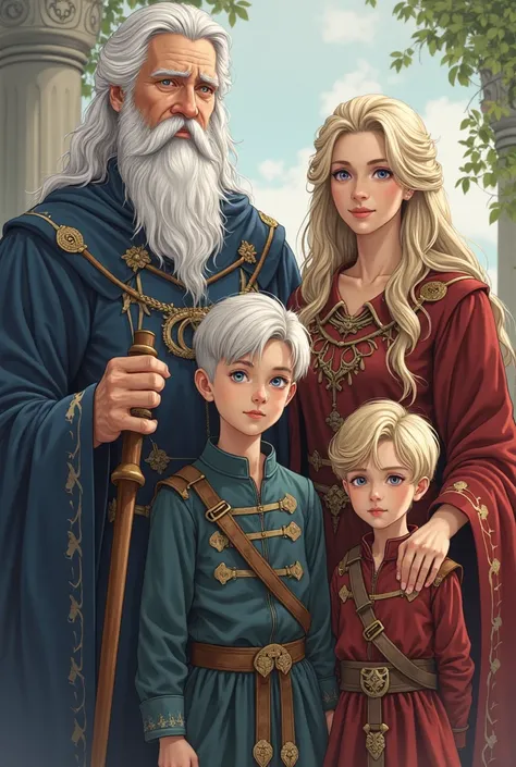 Anime. Fantasy Middle Ages, ducal familly. 5 people: 1)Grandfather: more than 50 years, tall, strong, gray hair, pale blue eyes. 2) Father: over 30 years old, tall, strong, pale skin, white hair, pale blue eyes. 3) First son: , white hair, pale blue eyes, ...