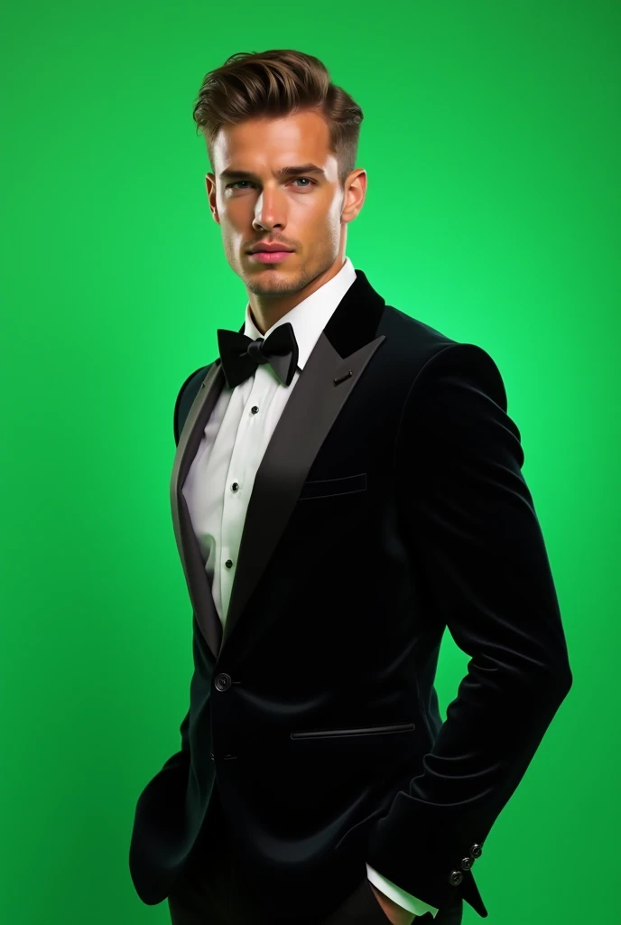  Algeria handsome young guy, model, realistic, good body, handsome face, wearing black tuxedo, photoshoot, green screen background, half body, ultra hd, highly detailed, detailed face, half body hips