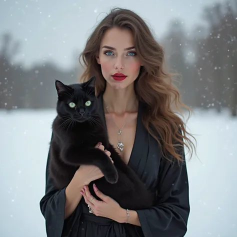 30 year old woman, long wavy brown hair, blue eyes,  rouge à lèvre rouge , jewelry, robe noir joli décolleté, She is carrying a black cat, The woman is in the snow and a winter background 