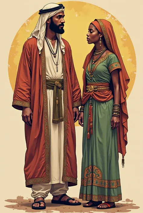 Graphic design for a man wearing a jalabiya and a woman wearing a Sudanese dress