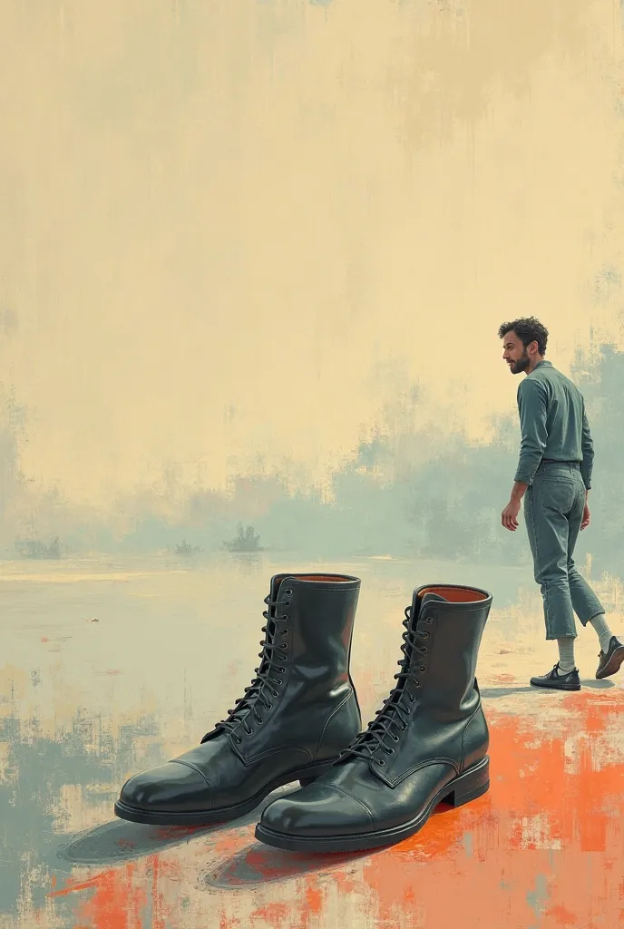 Creates a composition drawn of a pair of shoes in a large background with a background and on the side a man in motion.
Utilizes colors and technique by the artist Fairfield Porter