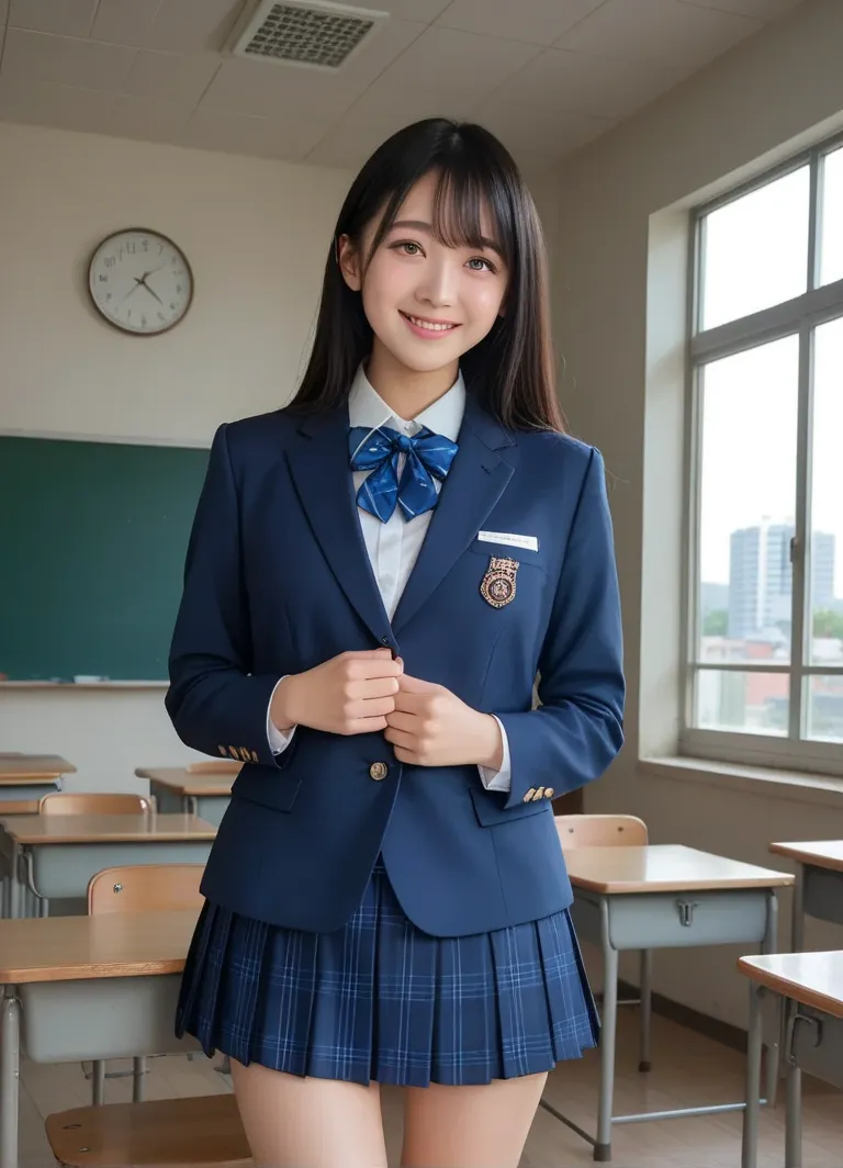 Very Cute and Beautiful Girl,(very detailedで美しい顔), (smile:1.2),,  black hair,Blue Blazer Uniform,ribbons,(  pleated plaid mini skirt ),standing,( skirt flip,  white panties ), Wooden classroom, window,Distant Tree々and the city, (TOP QUALITY, masterpiece:1....