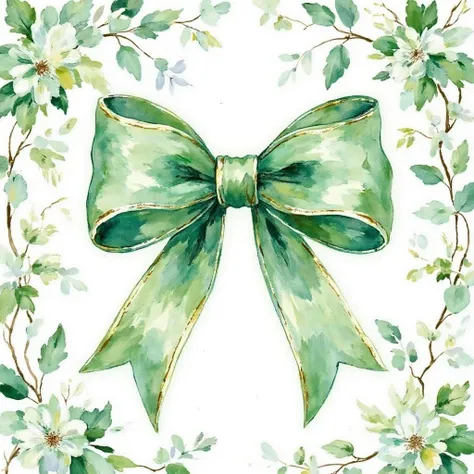 watercolor bow with green Toile Bouje Chinoiserie print, isolated on a white background