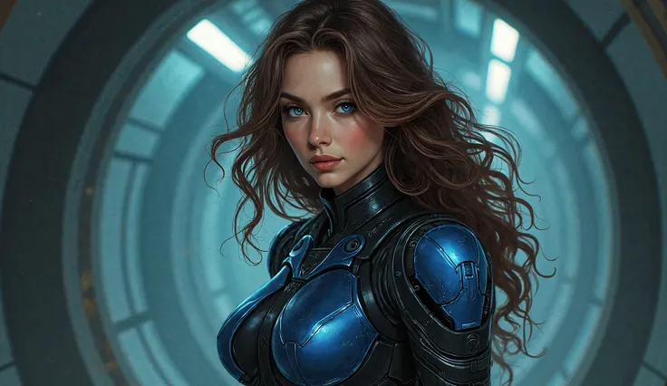 Create a highly detailed illustration of a white woman with long, flowing curly brown hair and striking blue eyes. She has pale, fair skin and an hourglass silhouette, wearing a sleek, full-body armor suit made of advanced materials that provide both prote...