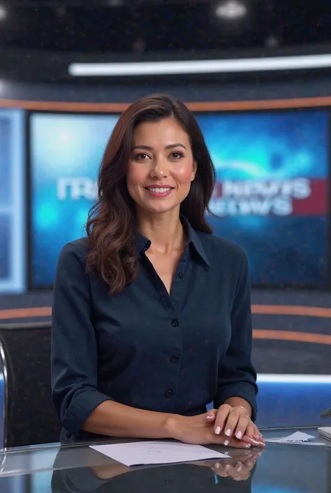 

**"A highly realistic image of a female news anchor sitting at a modern television studio desk. She is wearing a dark blue blouse and speaking to