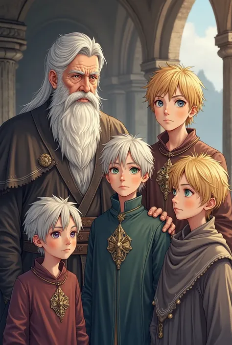 Anime. Fantasy Middle Ages, ducal familly. 5 people: 1)Grandfather: more than 50 years, tall, strong, gray hair, pale blue eyes. 2) Father: over 30 years old, tall, strong, pale skin, white hair, pale blue eyes. 3) First son: , white hair, pale blue eyes, ...