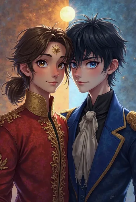 Generate a picture of two brothers. One should have the warm colors and a princely regal smile and face with regal clothes and a sun mark on his head, he should have hazel eyes.his hair should be brown and a bit long and wavy with a half pony hairstyle. Th...