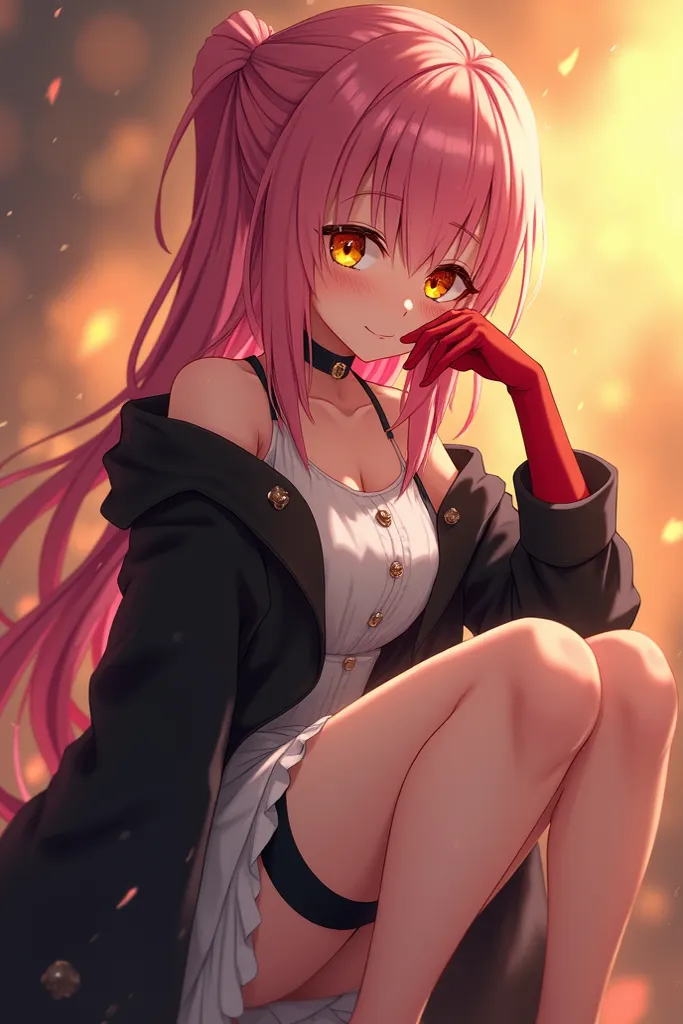 masterpiece, the best quality, amazing quality,  very aesthetic , High resolution,  newest ,  hyper detailed , 1 girl, dusty \( rough waves \), pink hair, bicolor hair, red hands , white dress,  black coat ,  thigh strap, extremely detailed eyes, (ringed e...