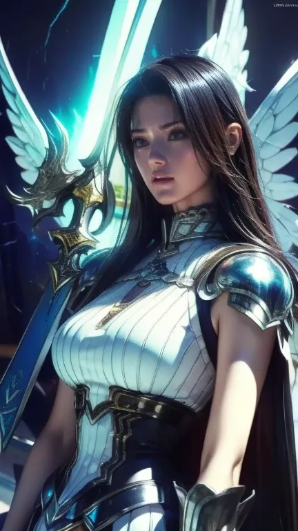 Photo of a woman wearing black and white clothes and holding a sword,   Draconic  , Opal Armor, Attractive Angel Woman Digimon, portrait   Draconic  , looks like Lightning Wizard, portrait in the role of Knight Girl of the Zodiac ,  Katana Zero video game ...